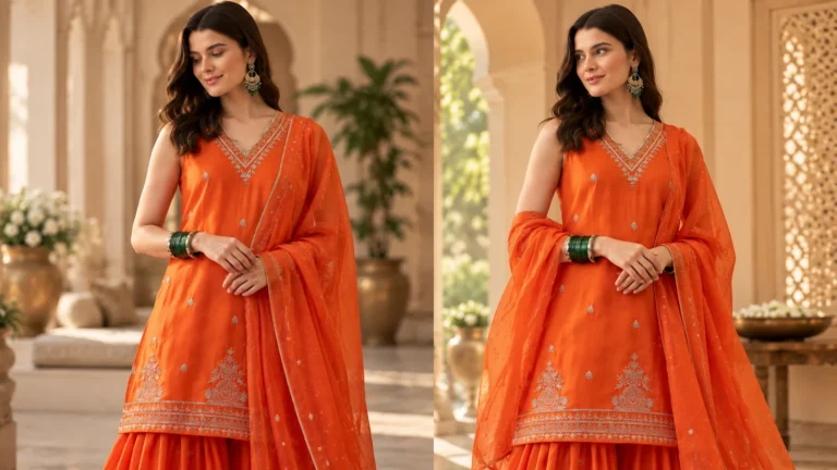 Orange kurta sharara set showing elegant dupatta draping inspiration while keeping the embroidered kurta visible.