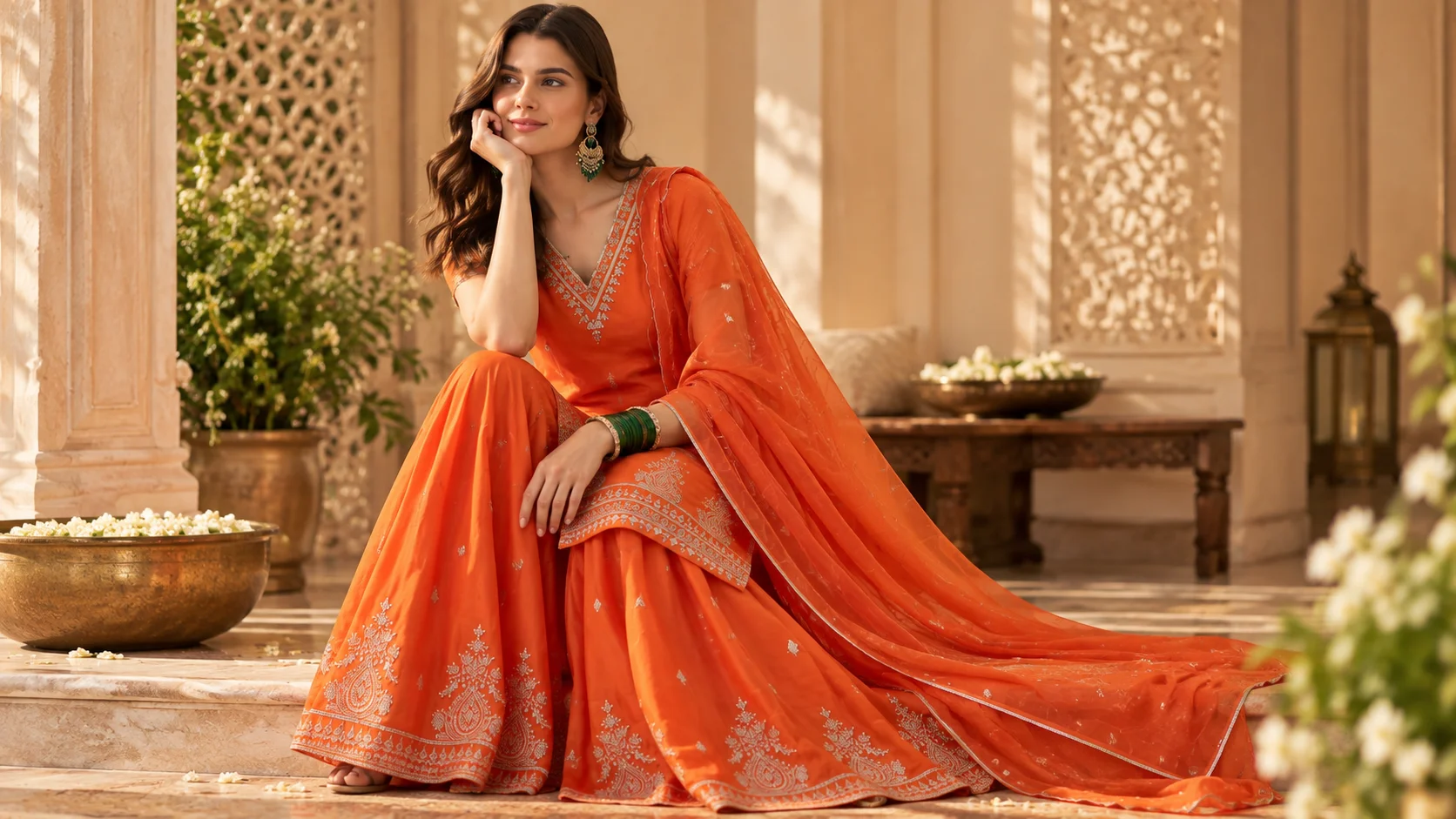 Orange kurta sharara set styling with embroidered V-neck kurta, matching sharara and coordinating dupatta for an elegant ethnic outfit.