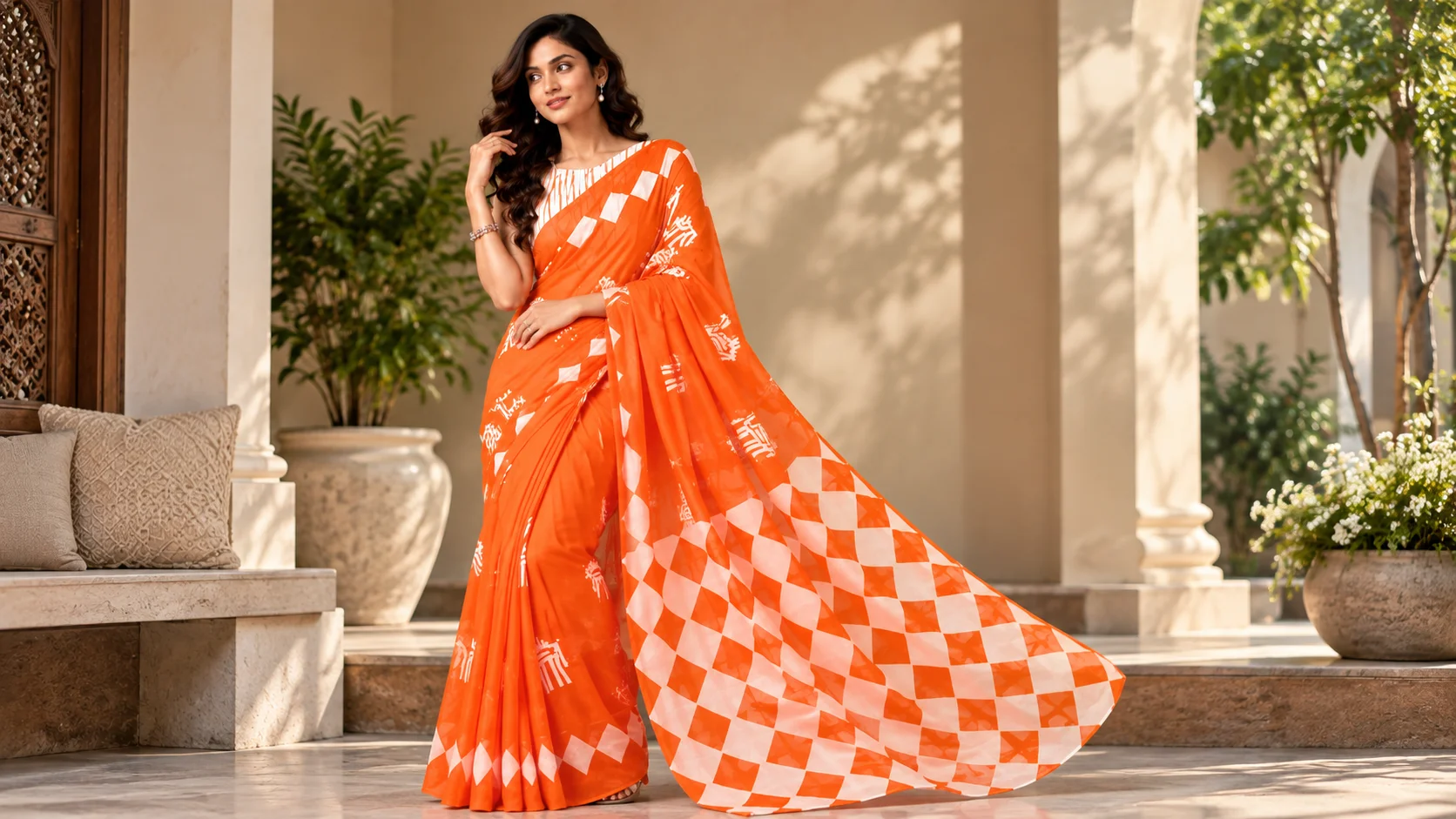 Orange printed saree styled on a woman with contrasting light geometric motifs in an elegant editorial setting.