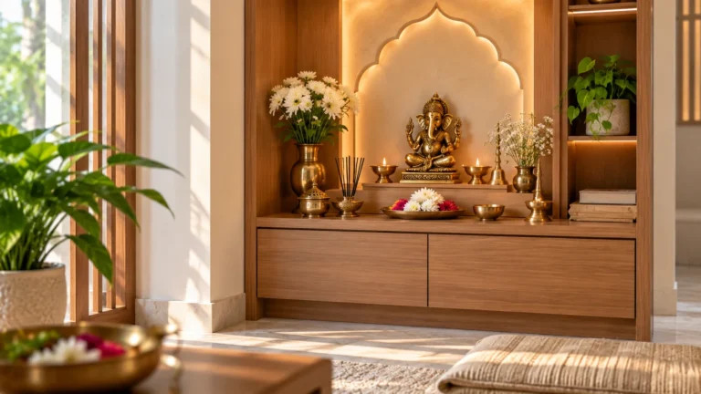 Organised prayer corner Vastu setup with compact storage and uncluttered devotional space