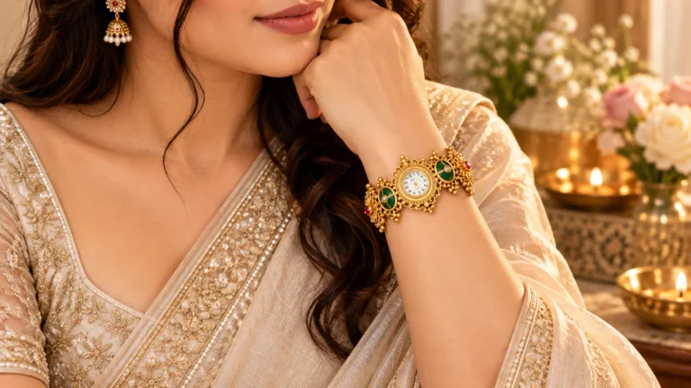 Ornate bracelet watch styled as the main wrist accessory with an elegant neutral occasion outfit.