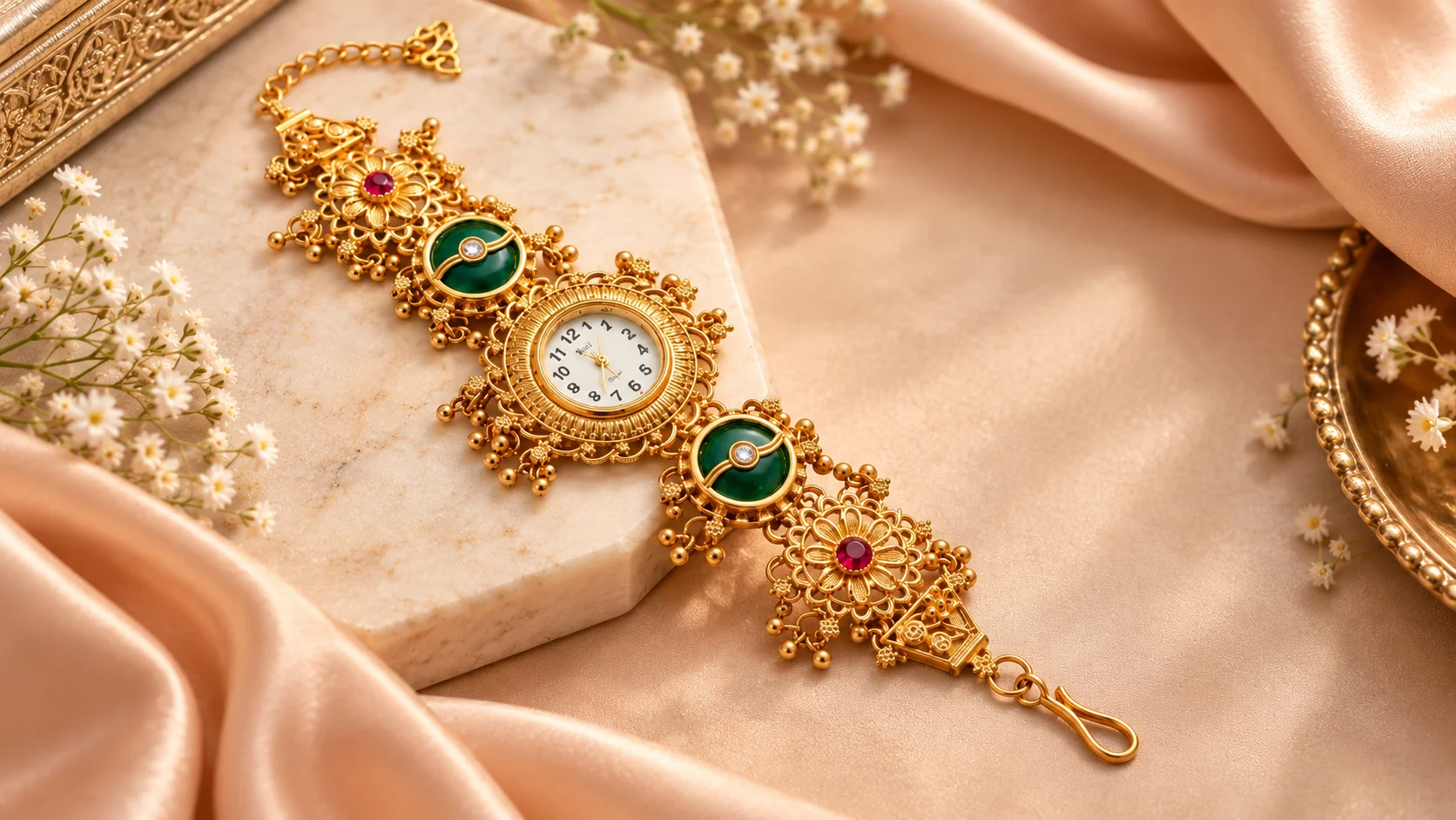 Ornate golden-tone bracelet watch with green and red decorative accents styled as an elegant statement jewellery accessory.