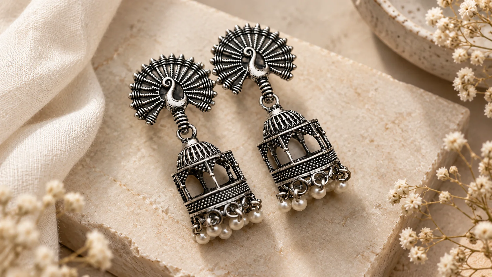 Oxidised jhumka earrings with peacock-inspired detailing styled as statement jewellery.