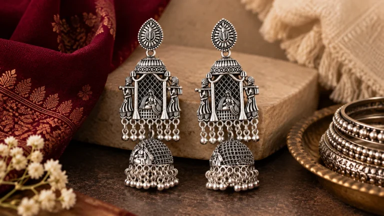 Oxidised temple earrings styled with restrained maroon fabric and bangle details as jewellery inspiration.