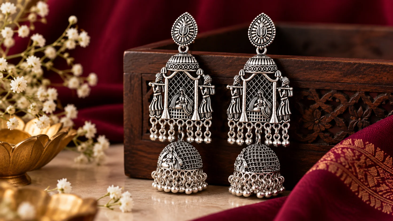 Oxidised temple earrings with intricate figurative detailing and long jhumka-style drops displayed in an elegant jewellery setting.