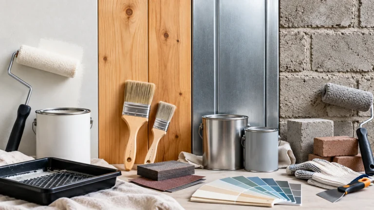 Different paint surfaces including drywall, bare wood, metal and masonry prepared for a DIY painting project.