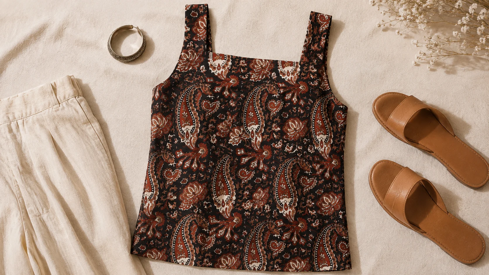 Paisley square neck kurti with neutral trousers, tan sandals and minimal jewellery styling ideas.