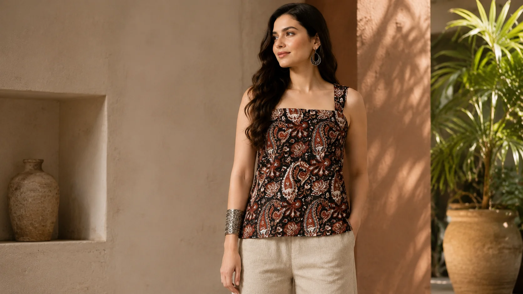 Woman wearing a paisley printed square neck kurti styled with neutral trousers for an effortless casual outfit.