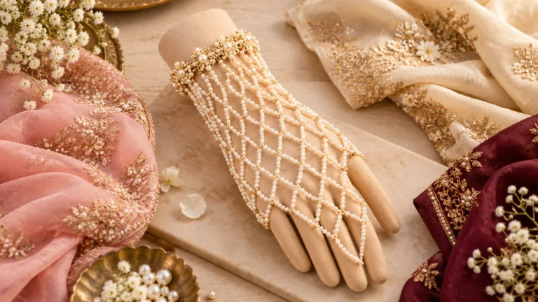 Pearl hand jewellery styling inspiration with blush, ivory and deeper traditional colour combinations.