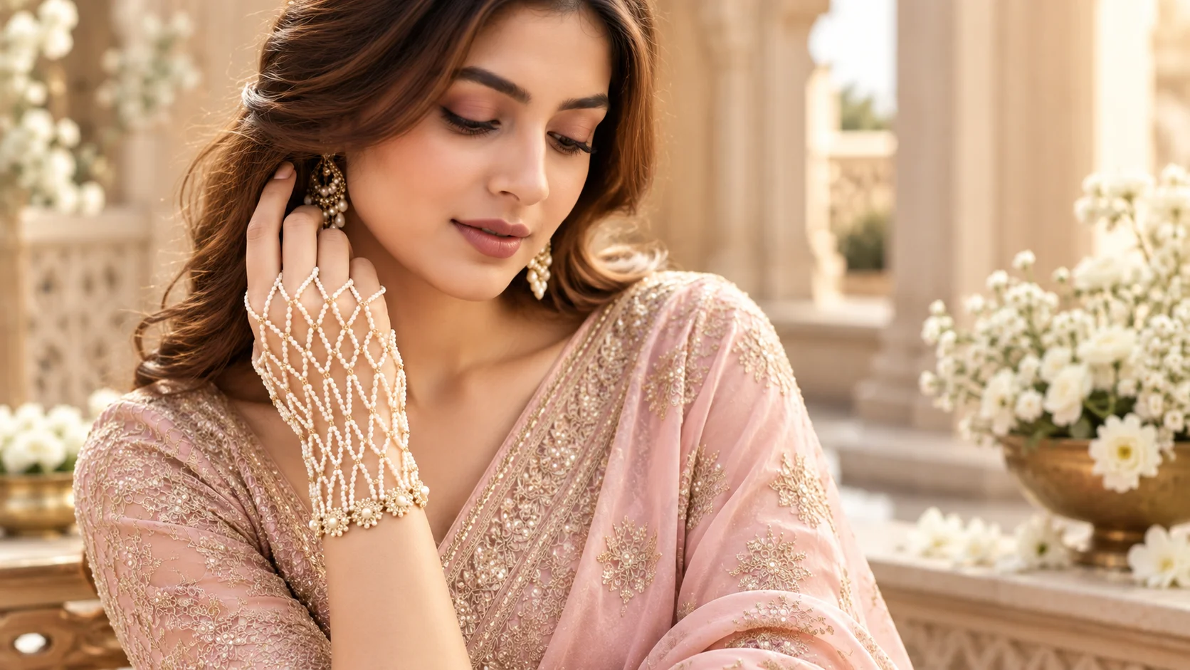 Elegant pearl hand jewellery styling with an intricate pearl-like lattice hand accessory paired with refined traditional occasion wear.