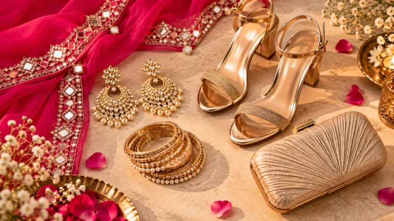 Gold earrings, bangles, metallic sandals and champagne clutch styled with a pink festive co-ord outfit