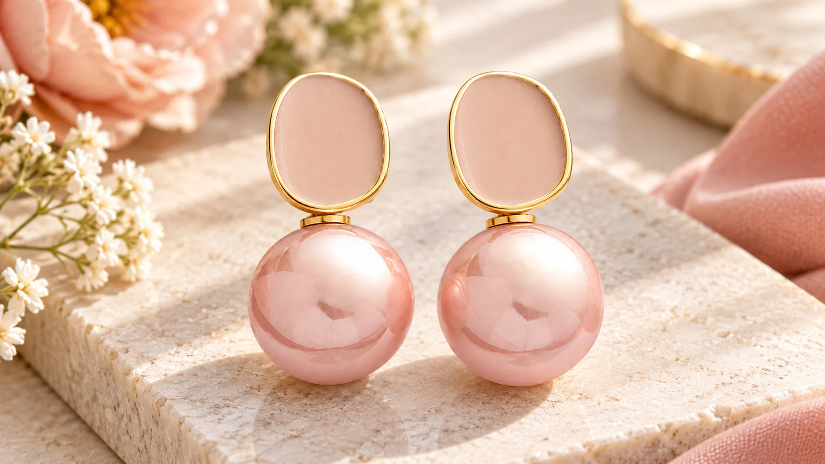 Pink drop earrings with blush rounded details and golden-tone edging styled for pink drop earrings fashion inspiration.