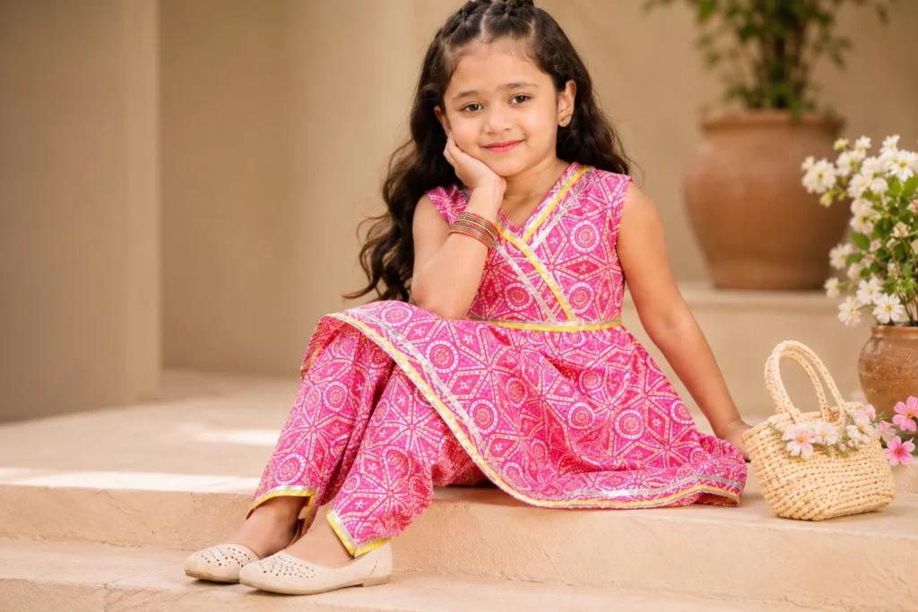 Pink printed girls’ outfit styled with light neutral footwear and a simple coordinating accessory.