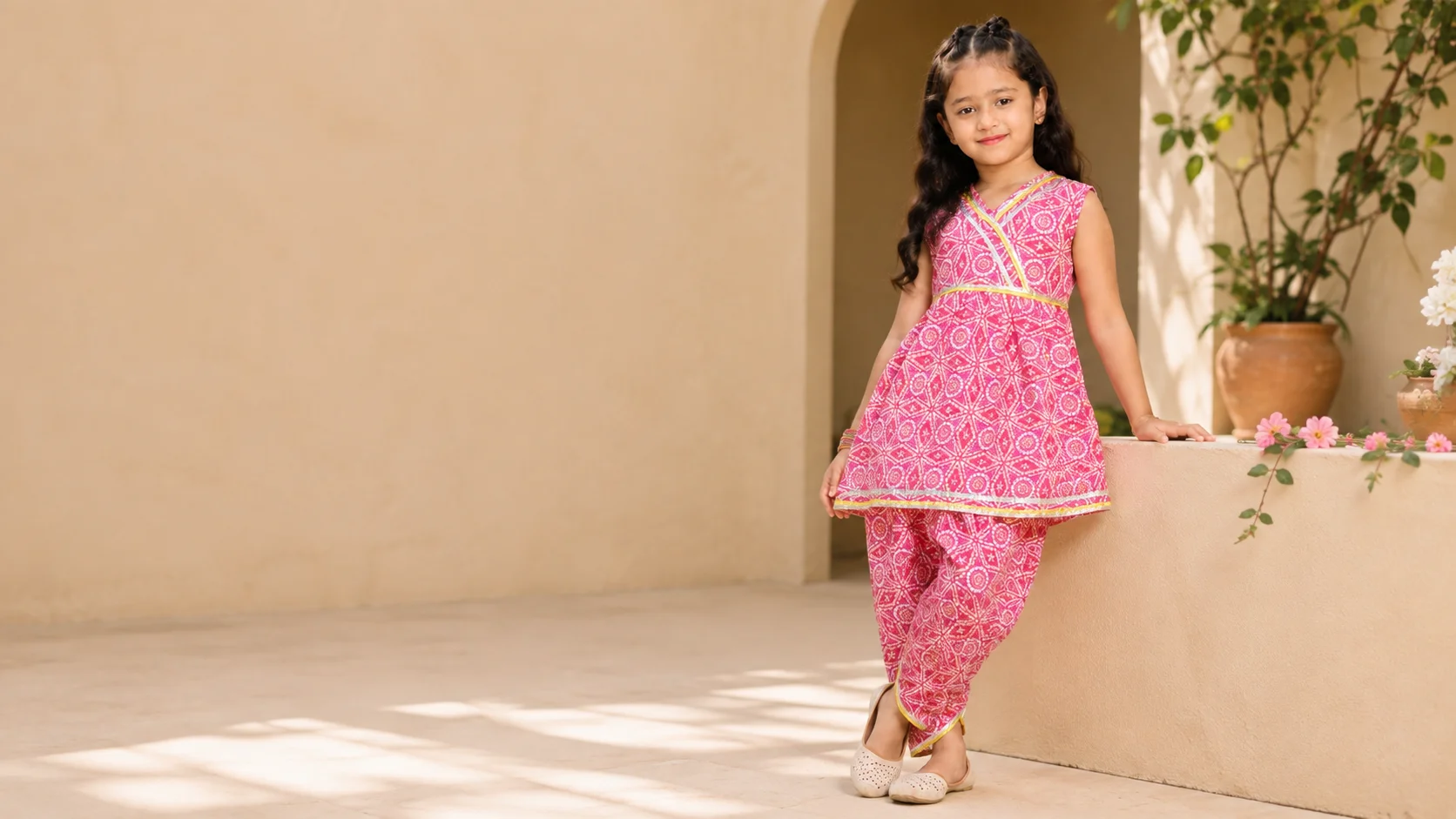 Bright pink girls’ outfit with geometric print and contrasting trim styled for a colourful children’s fashion look.