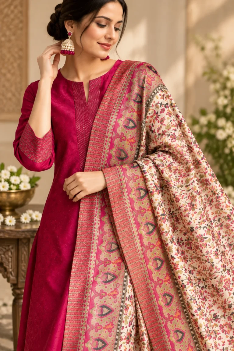 Pink kurta set styling detail highlighting a floral printed dupatta against the rich solid-colour outfit.