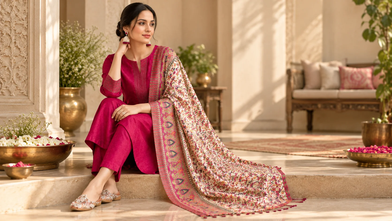 Pink kurta set styling with matching trousers, floral printed dupatta and elegant festive accessories.