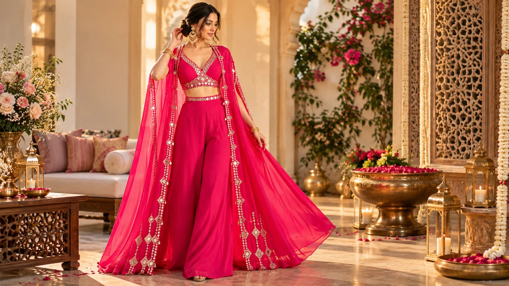 Pink mirror work co-ord set with embellished V-neck crop top, palazzos and shrug styled for an elegant festive outfit