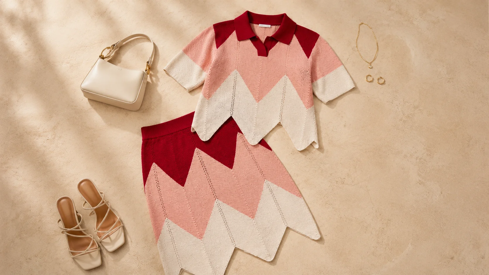 Pink, red and cream geometric outfit with neutral handbag, sandals and delicate jewellery styling ideas.