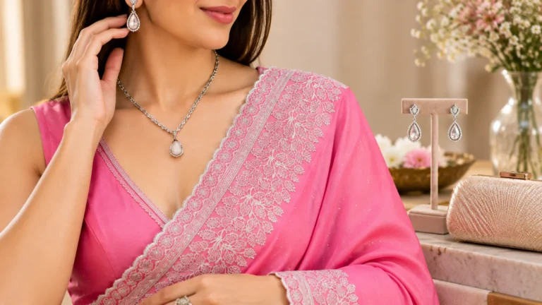 Pink saree with ornate border shown alongside restrained jewellery styling details for an elegant occasion look.