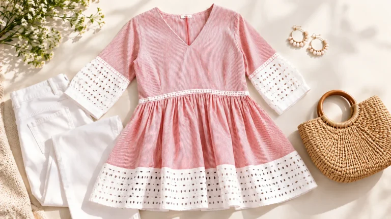 Pink striped kurti styling idea with white trousers and understated neutral accessories