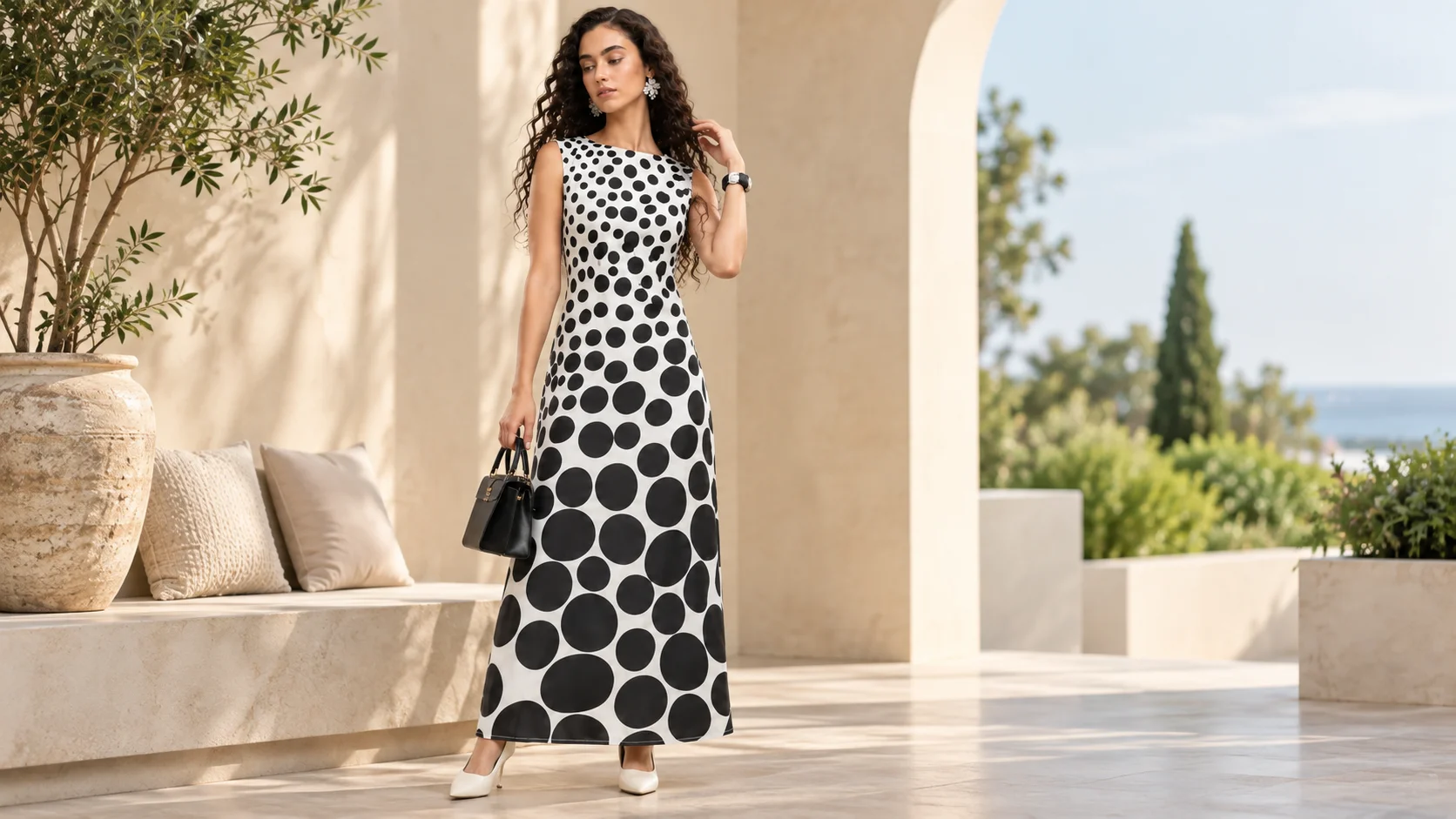 Black and white polka dot maxi dress styled in a clean women’s fashion editorial setting.