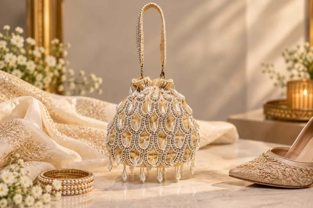 Ornate potli bag styled with restrained ivory occasion-wear, jewellery and footwear inspiration.