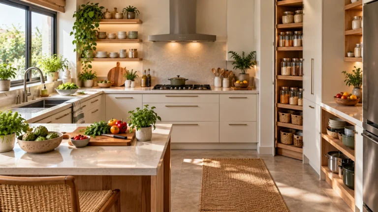Practical Vastu-inspired kitchen organisation showing clear cooking, preparation and storage zones