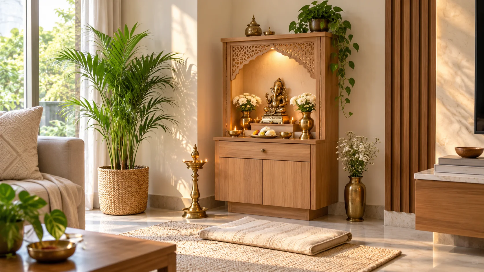 Prayer corner Vastu in a calm modern home with a neatly organised sacred space and natural light