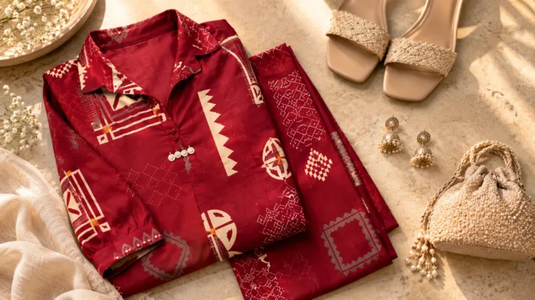 Deep red printed co-ord styling concept with neutral sandals, understated earrings and a complementary small bag.