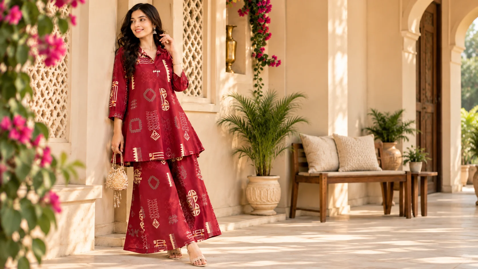 Woman wearing a deep red printed co-ord set with tunic-style top and wide-leg bottoms in an elegant neutral setting.