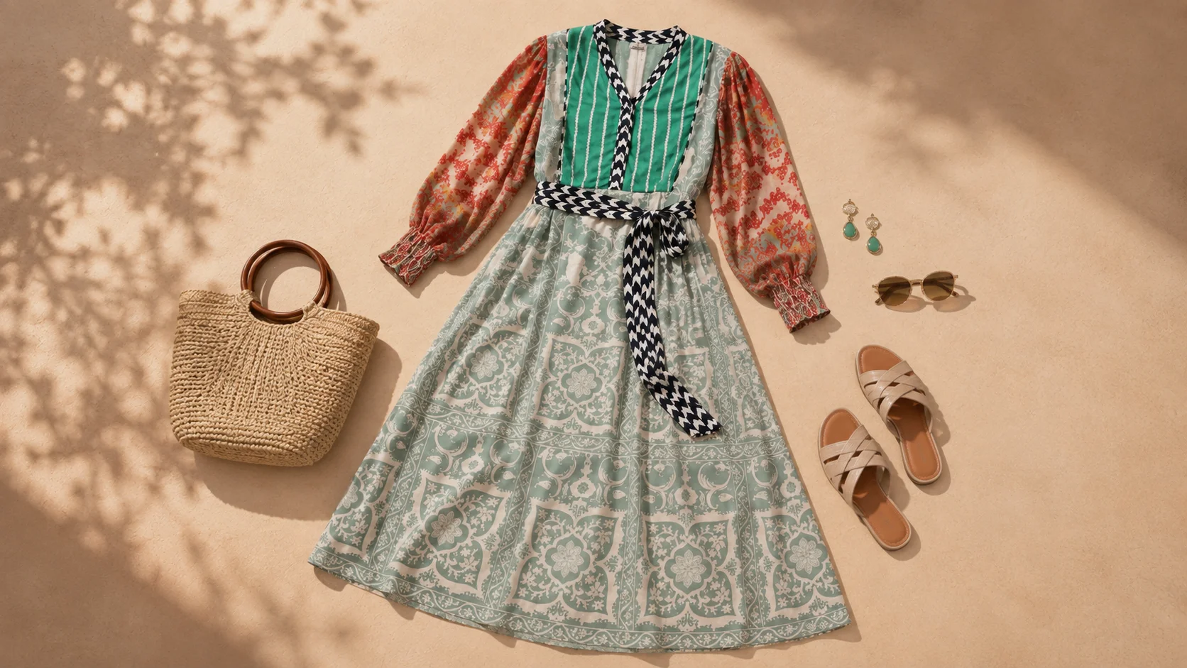 Statement printed dress displayed with restrained neutral accessories as inspiration for balanced dress styling.