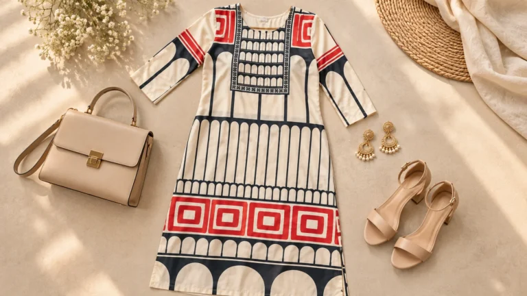 Cream geometric printed kurta with handbag, jewellery and footwear styling ideas