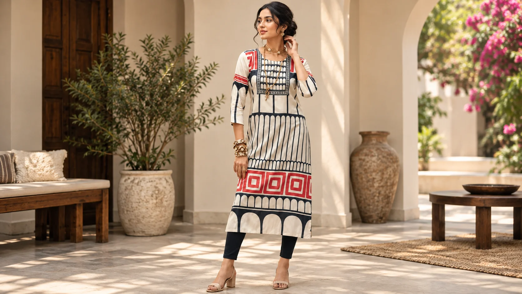 Cream geometric printed kurta styled for printed kurta styling ideas