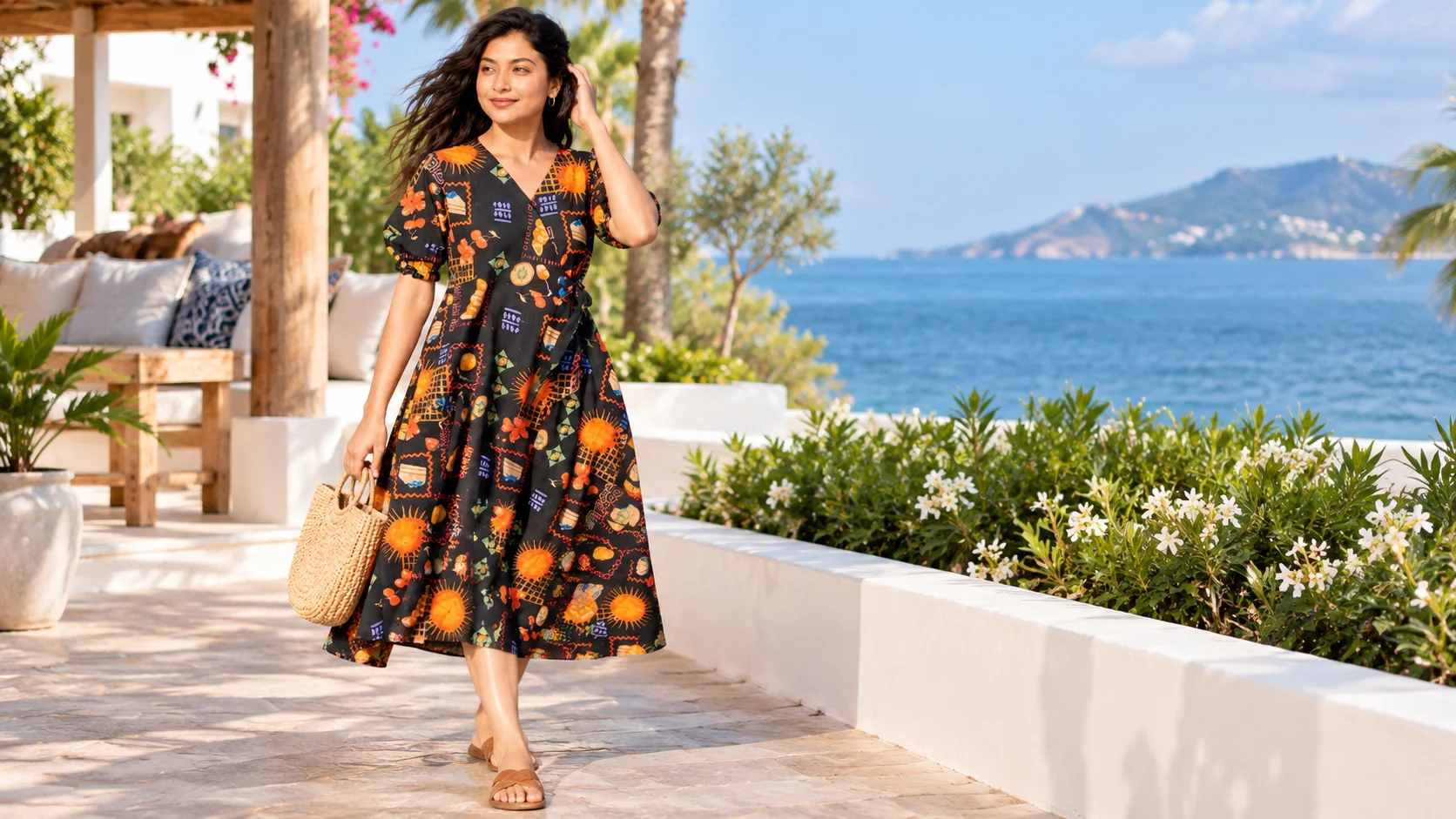 Woman wearing a colourful black printed midi dress in a sunny holiday setting, illustrating printed midi dress styling.