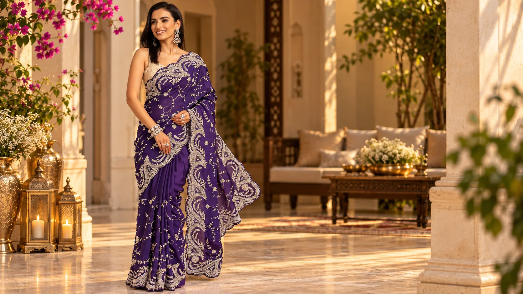 Purple embroidered saree with ornate border and unstitched blouse piece styled for an elegant occasion look