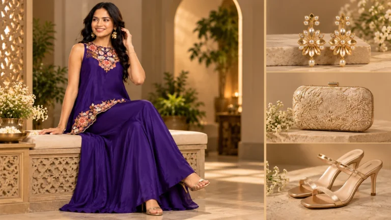 Purple festive co-ord styling inspiration with statement earrings, compact occasion bag and refined footwear ideas.