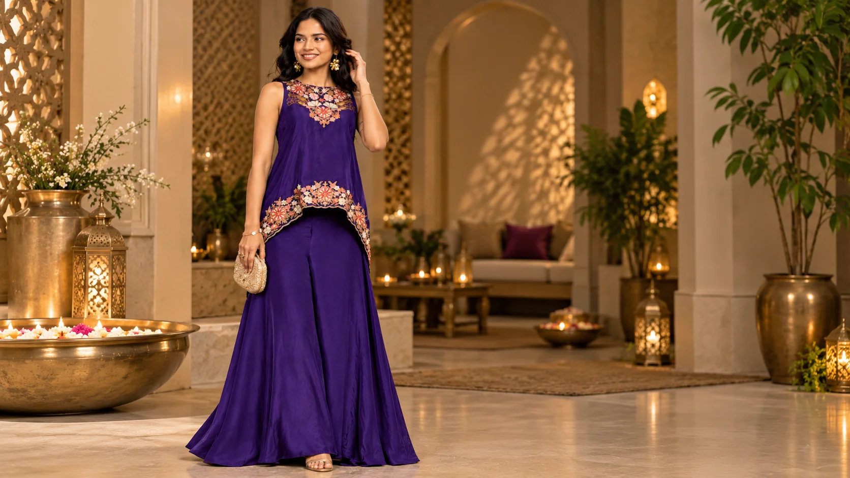 Deep purple festive co-ord with floral-style decorative detailing and flowing wide-leg bottoms for purple festive co-ord styling inspiration.