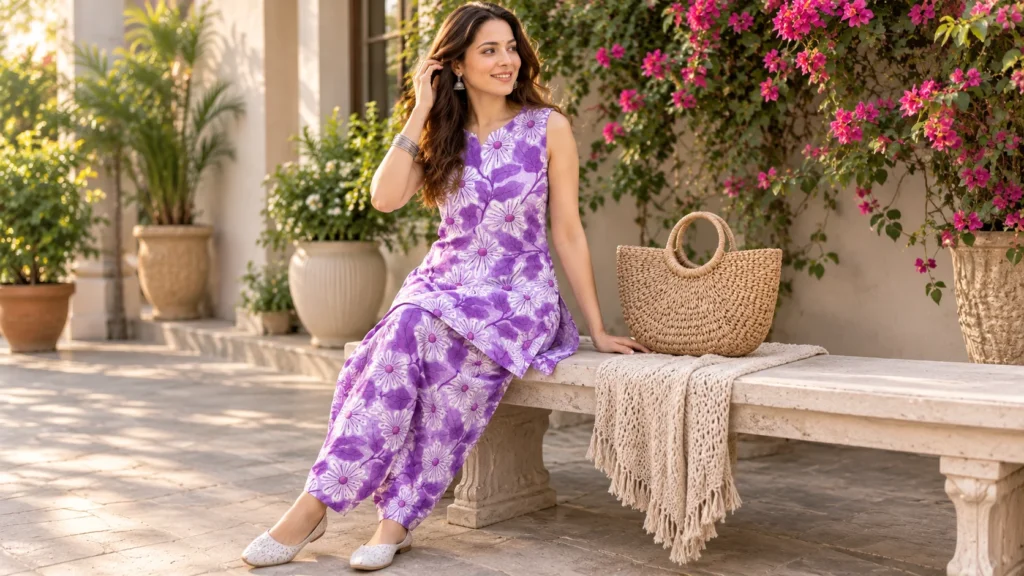 Woman wearing a purple and white floral kurta set with matching salwar styled for an elegant casual ethnic look