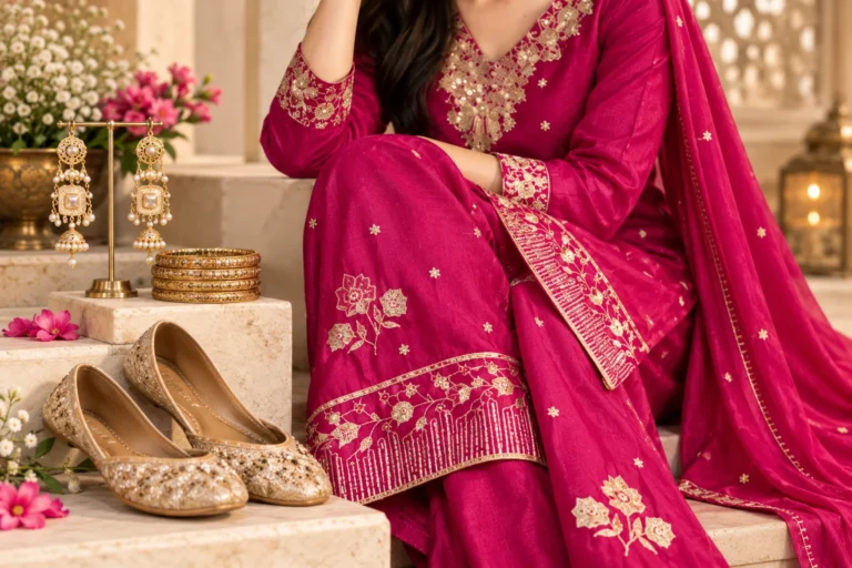 Rani pink embroidered kurta styling inspiration with statement earrings, bangles and embellished ethnic footwear.