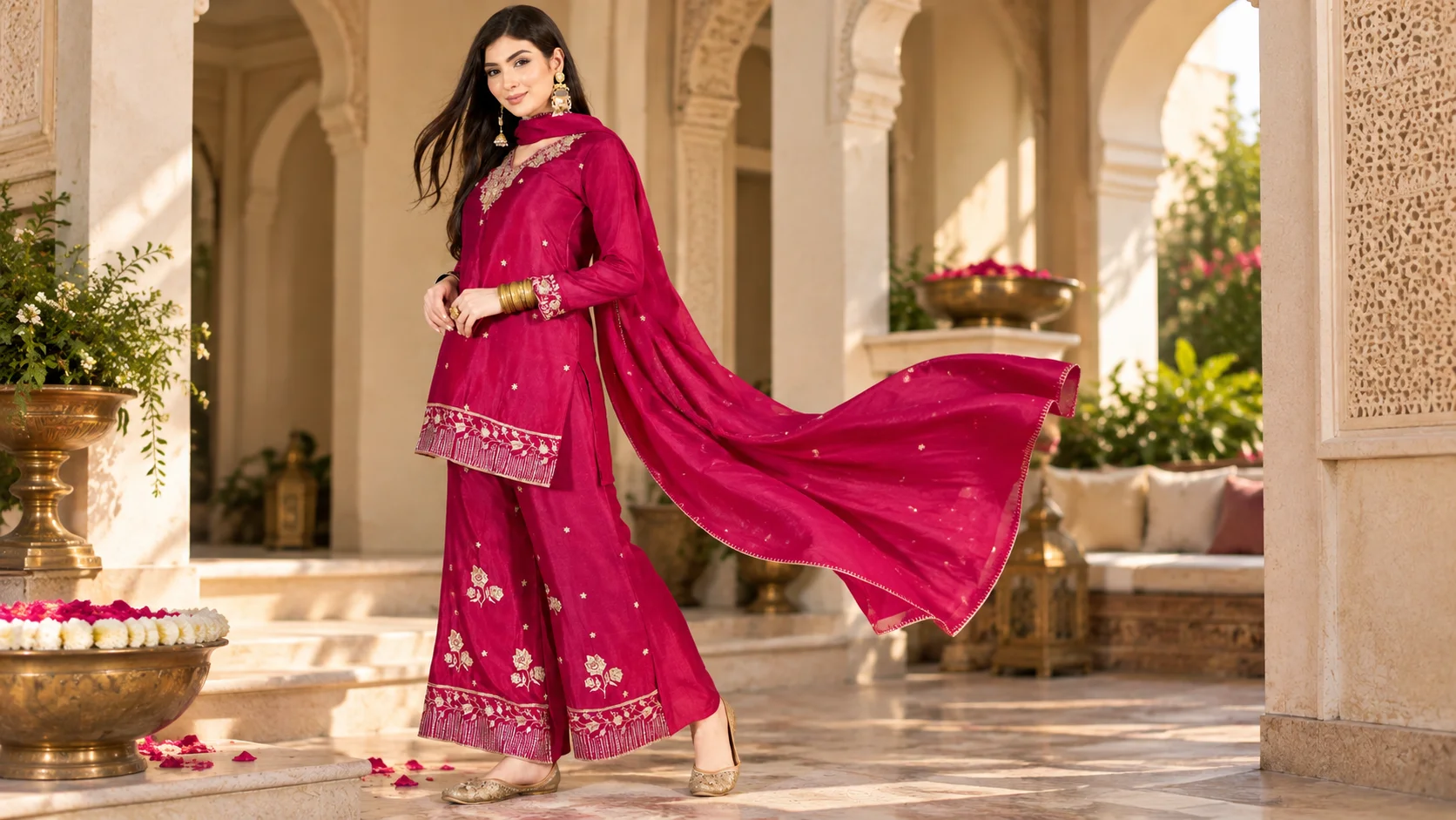 Rani pink kurta set with embroidered straight kurta, coordinated palazzos and dupatta styled for festive ethnic wear inspiration.