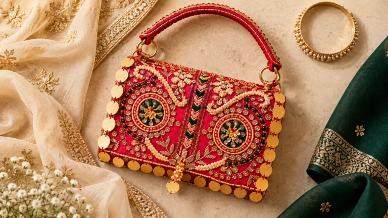 Red embellished handbag beside cream, deep green and golden-toned styling accents for occasion outfit inspiration.