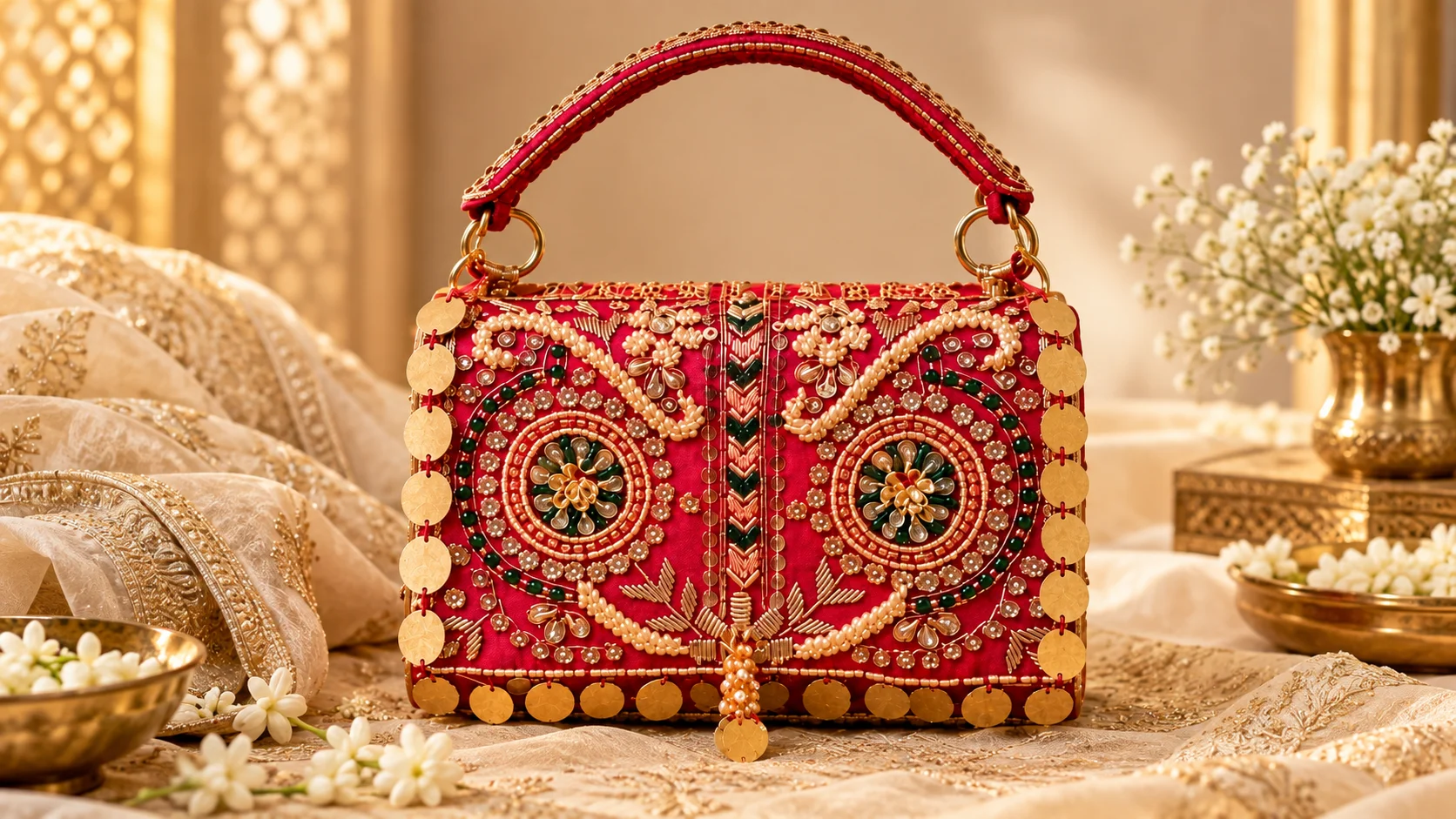 Red embellished handbag styling featuring an ornate red statement bag with golden-toned, green and pearl-like decorative details.