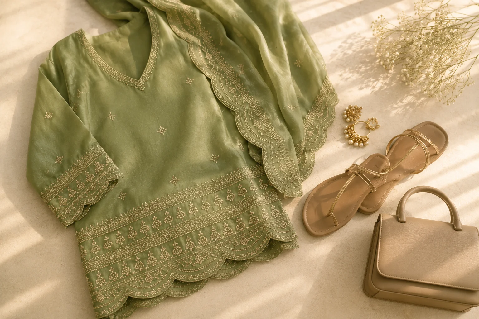 Sage green embroidered kurta styling with neutral sandals, simple jewellery and a neutral handbag.