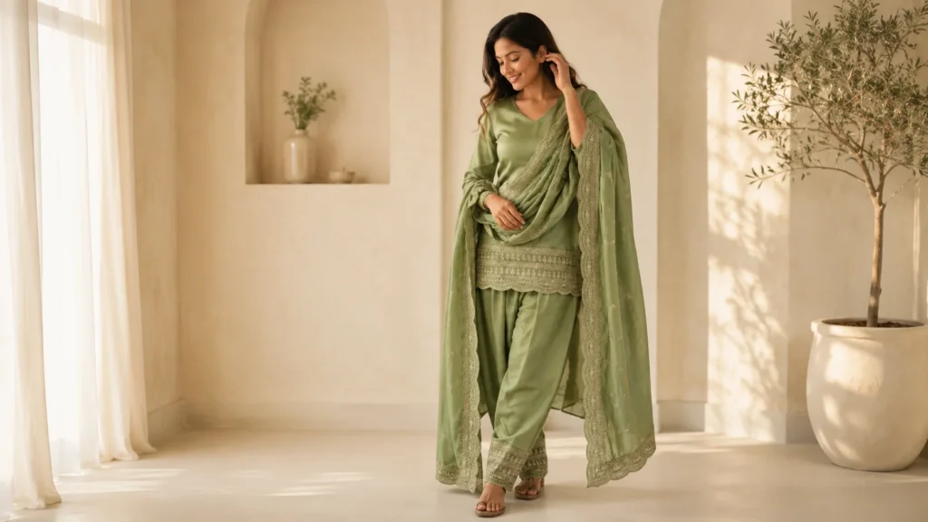 Sage green kurta set with embroidered borders and matching dupatta styled for an elegant women’s ethnic wear look