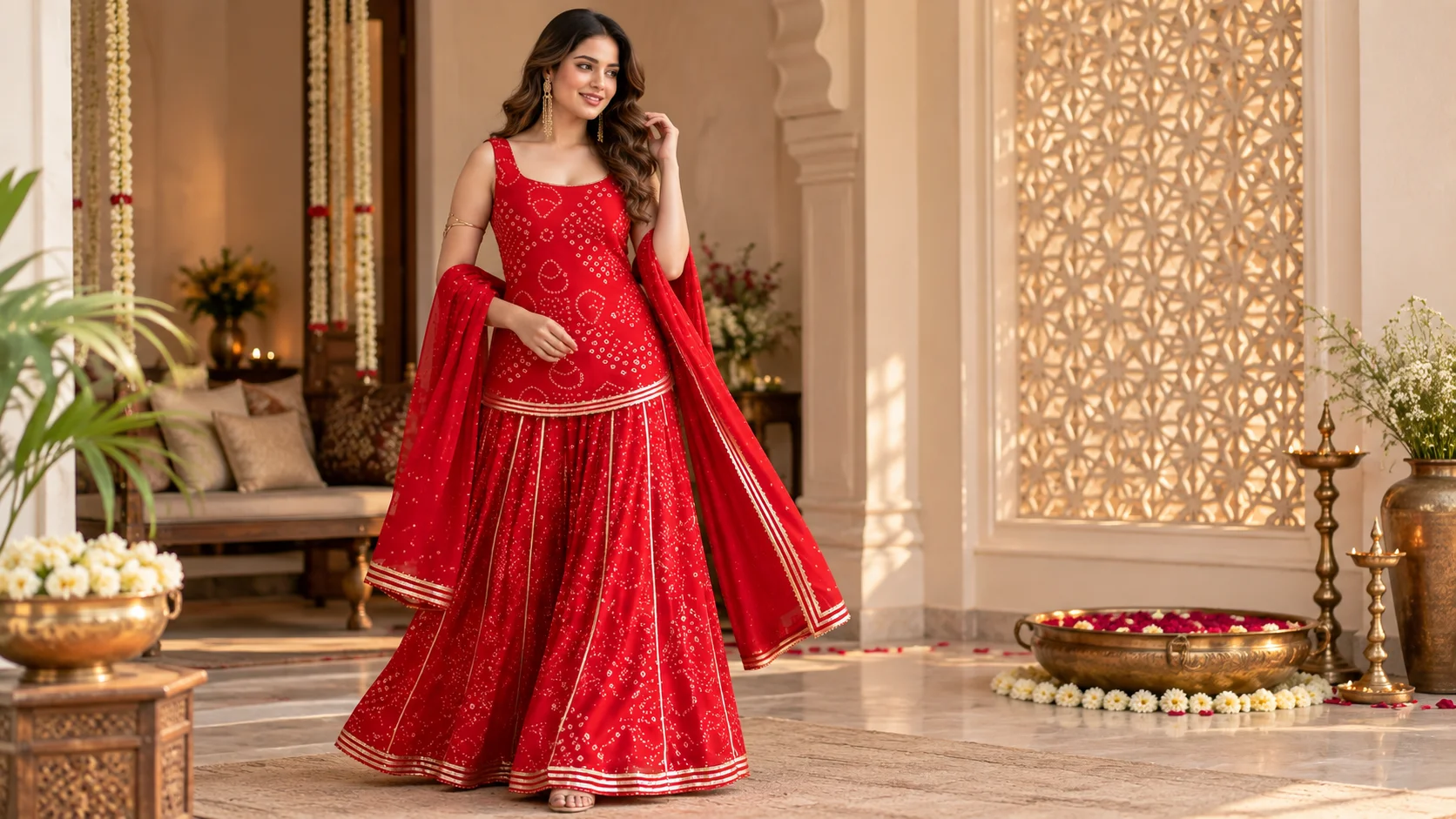 Sangria Bandhani kurti set in red with palazzos and dupatta styled for an elegant festive Indian outfit