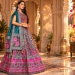 Semi-stitched lehenga in magenta and pink with teal dupatta styled for an elegant festive look