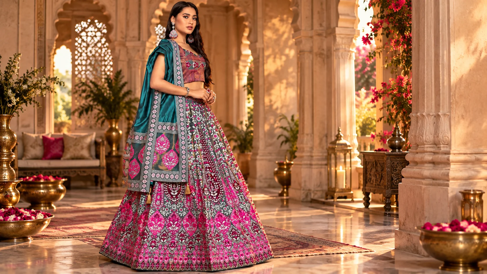 Semi-stitched lehenga in magenta and pink with teal dupatta styled for an elegant festive look