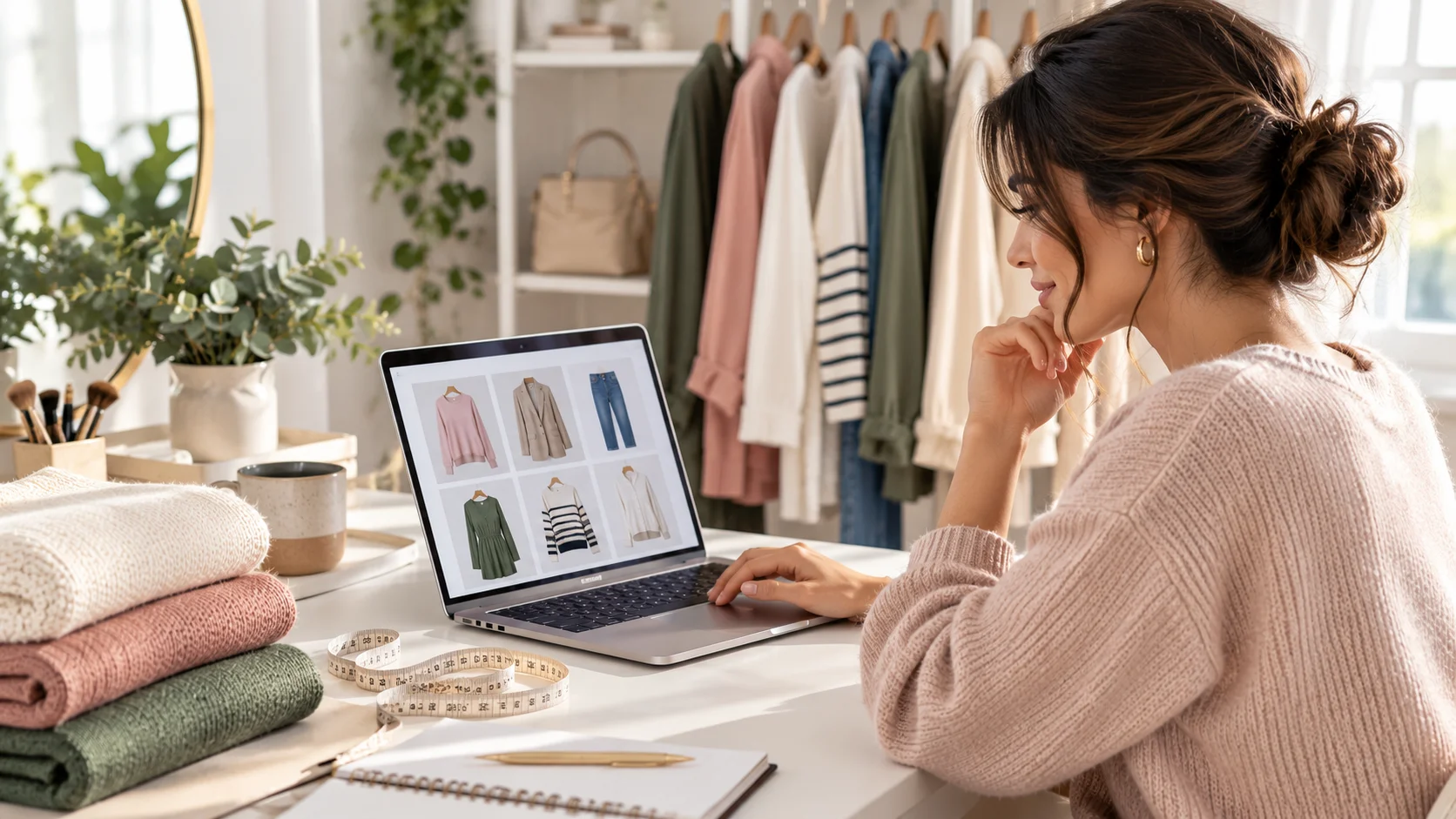 Woman using a laptop to shop for clothes online more effectively while comparing garments, measurements and wardrobe options at home.