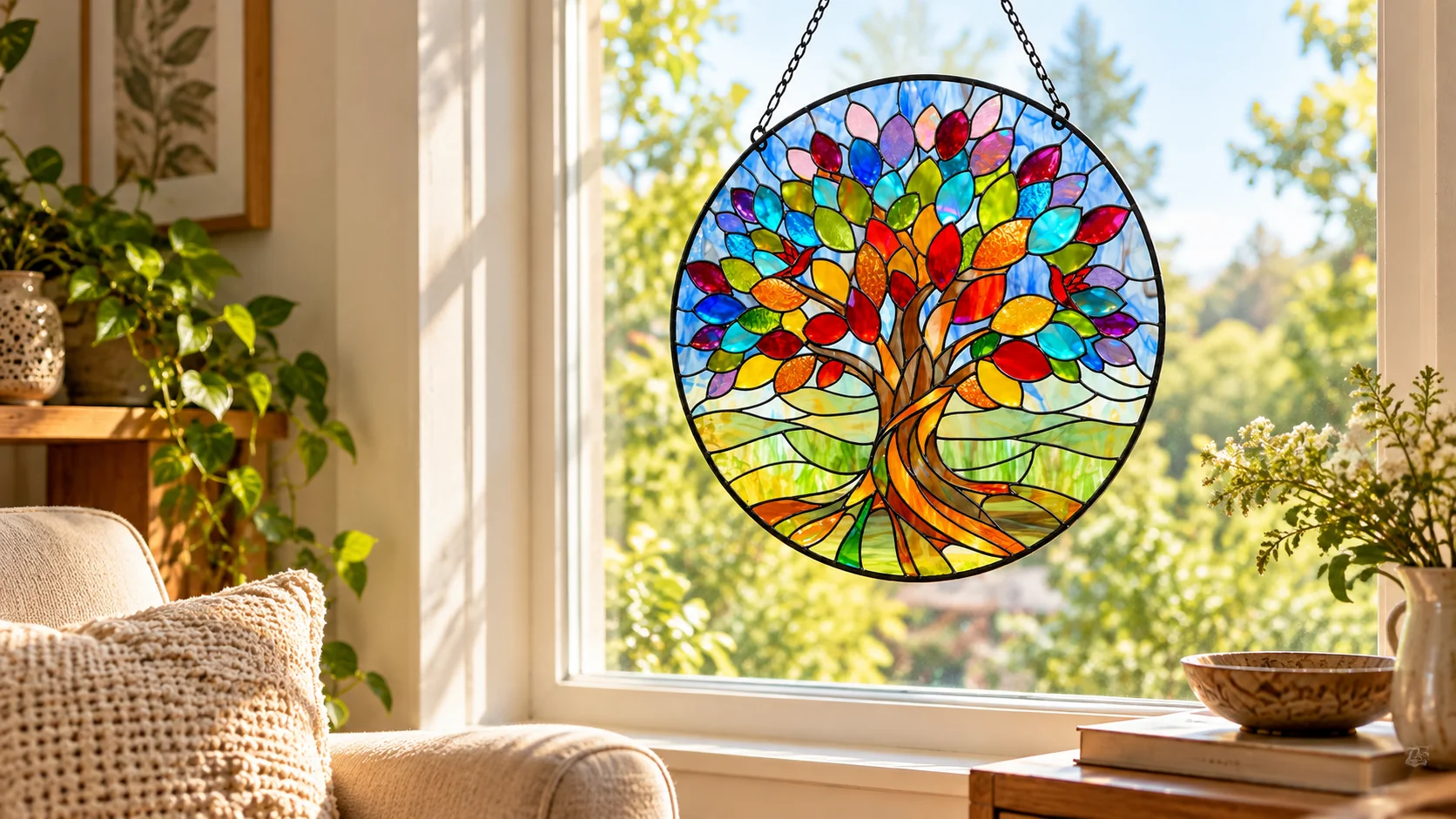 Colourful stained glass tree suncatcher hanging by a bright window as decorative home décor.