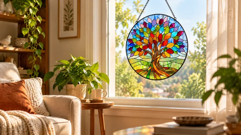Stained glass tree suncatcher styled at a bright living-room window with neutral furniture and a leafy plant.